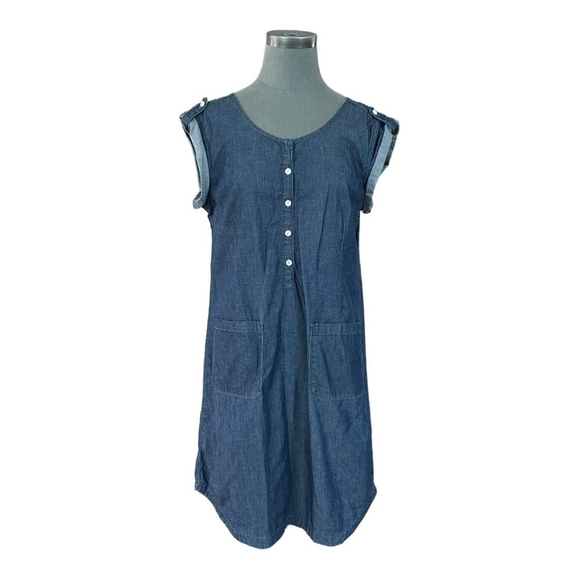 Women’s Dress GAP Denim Shift Dress Blue Front Pockets Roll Tab Shoulder Dress - Picture 7 of 12